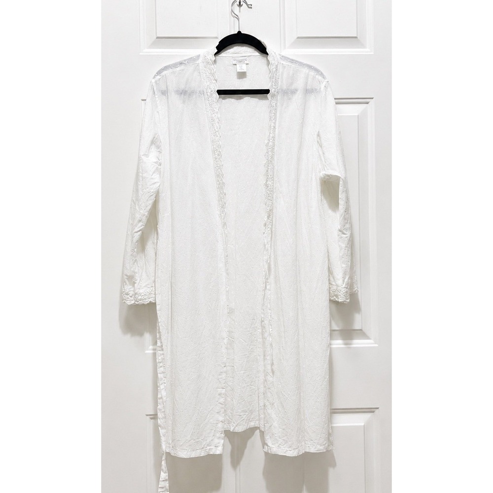Cynthia Rowley Sleepwear White Swiss Dot Cotton Robe with Crochet Lace Trim Lrg